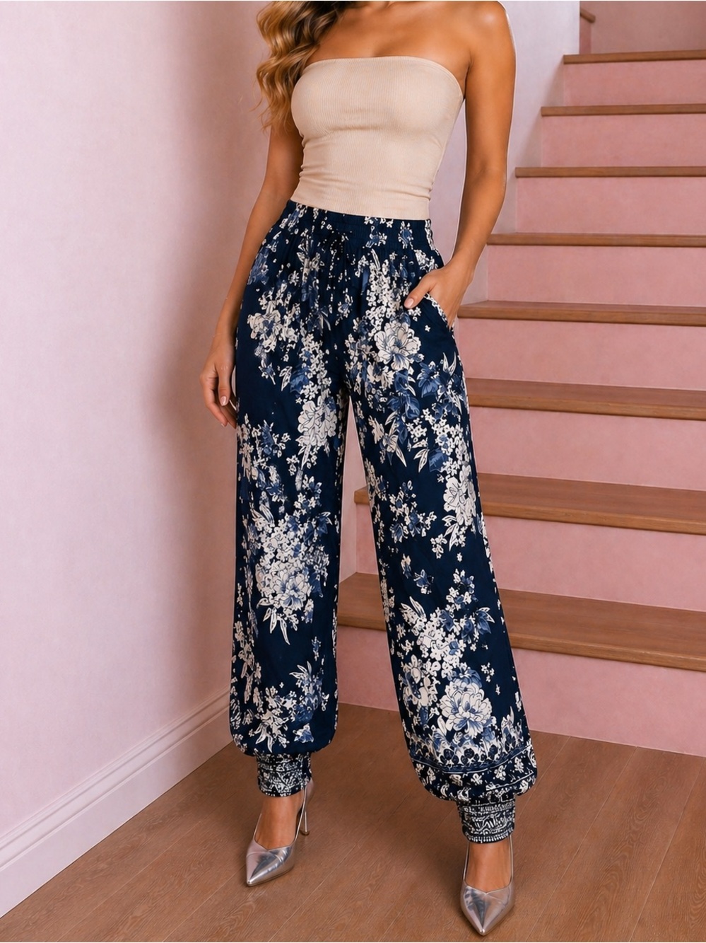 ECLIPSE | Navy Blue Floral Wide-Leg Pants